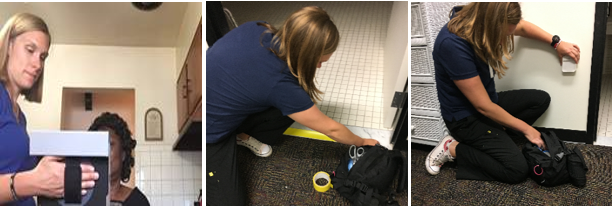 Three pictures of an occupational therapist conducting the intervention inside of a house: first showing the participant information on an iPad, next adding high-contrast tape to a threshold, and third, installing a motion-detecting nightlight by a doorway.